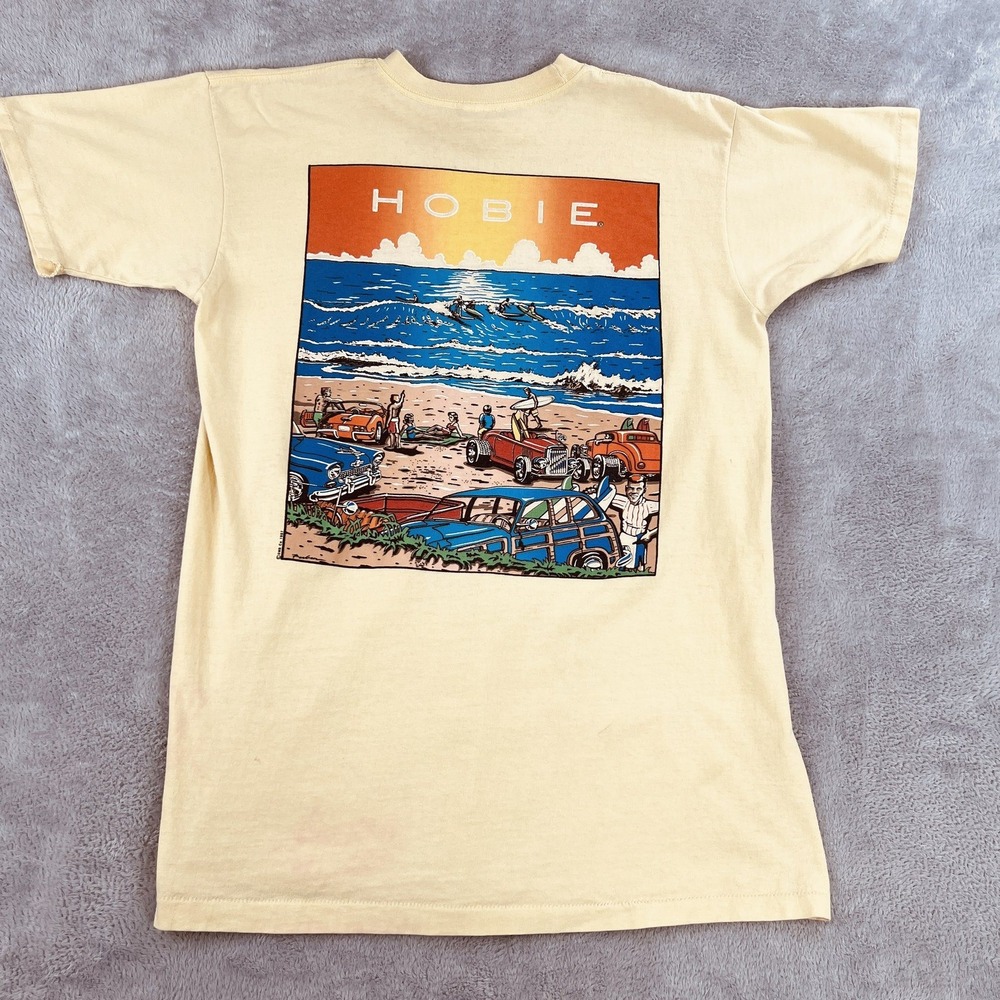 Vintage 1987 Hobie Surf Pocket T Shirt XL Tan Men Woodie Beach Graphic 80s USA